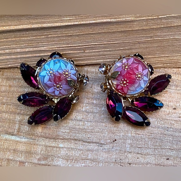 Albert Weiss Jewelry - Mid Century WEISS Purple Marquis Iridescent Floral Rhinestone Earrings Vintage